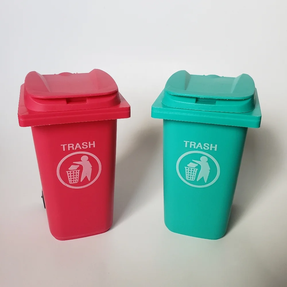 Mini Desk Wheelie Trash Bin Pen Pencil Holder Pink